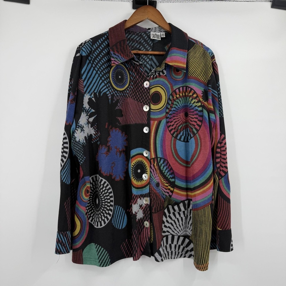 Parsley And Sage Tunic Womens 2X Black Collared Long Sleeve Button-Up Geometric